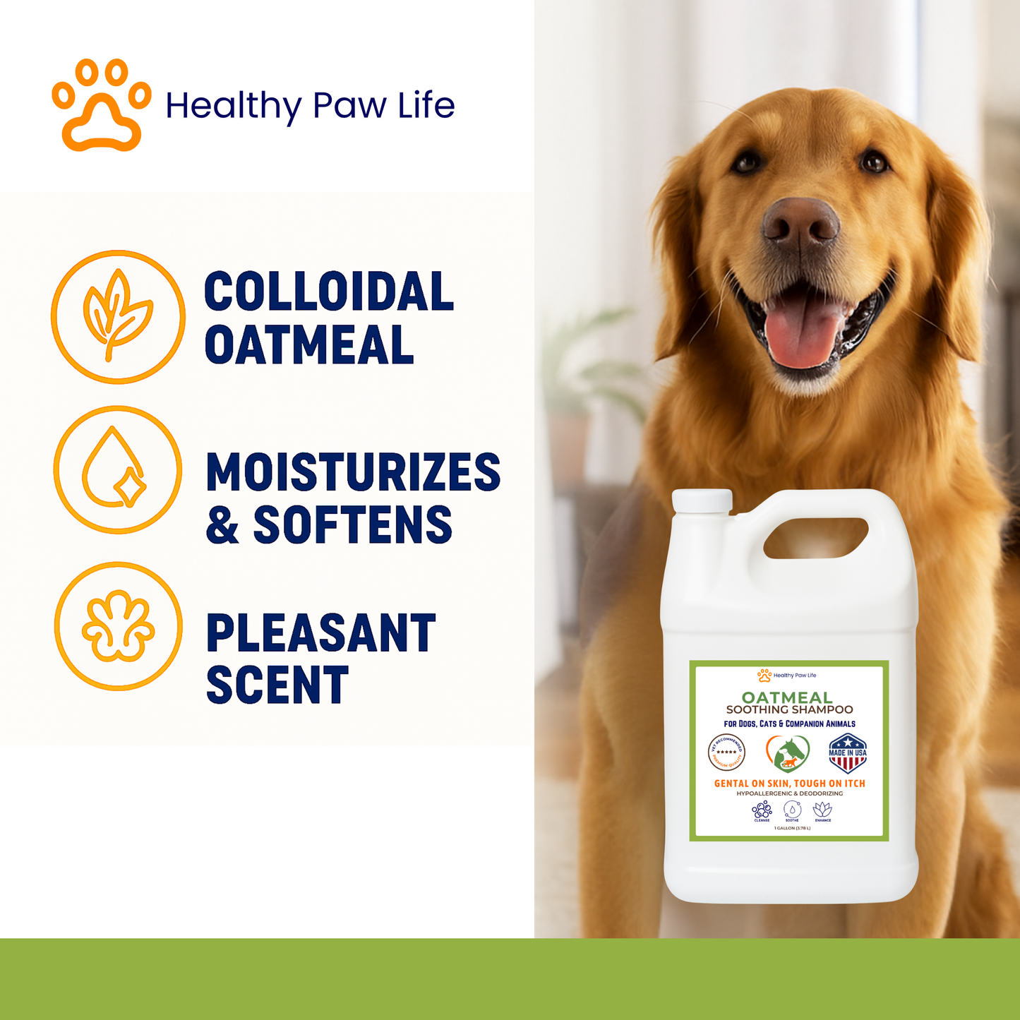 Oatmeal Shampoo – Vet-Recommended Itch Relief for Dogs, Cats & Horses – Hypoallergenic, Moisturizing & Deodorizing – 1 Gallon – Made in USA
