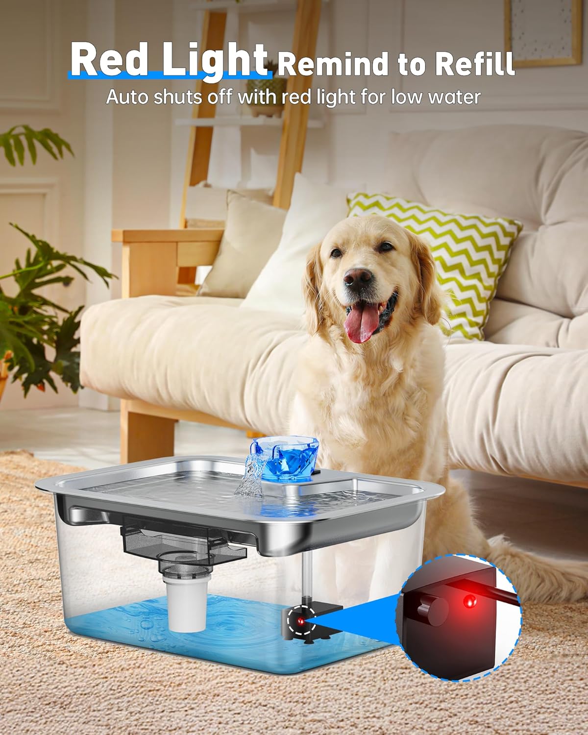 Replacement Dog Water Fountain Pump for lesotc Stainless Steel Pet Fountains, Quiet Cat Water Bowl Dispenser Pump with LED Low Water Shut Off-3