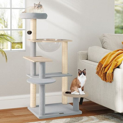 Modern Cat Tree 44 Inch Multi-level Cat Tower with Removable Padded Top Perch-Natural