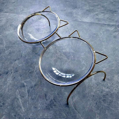 Sparkling Glass Cat Bowl With Elevated Metal Rack - Stylish And Functional Pet Feeder